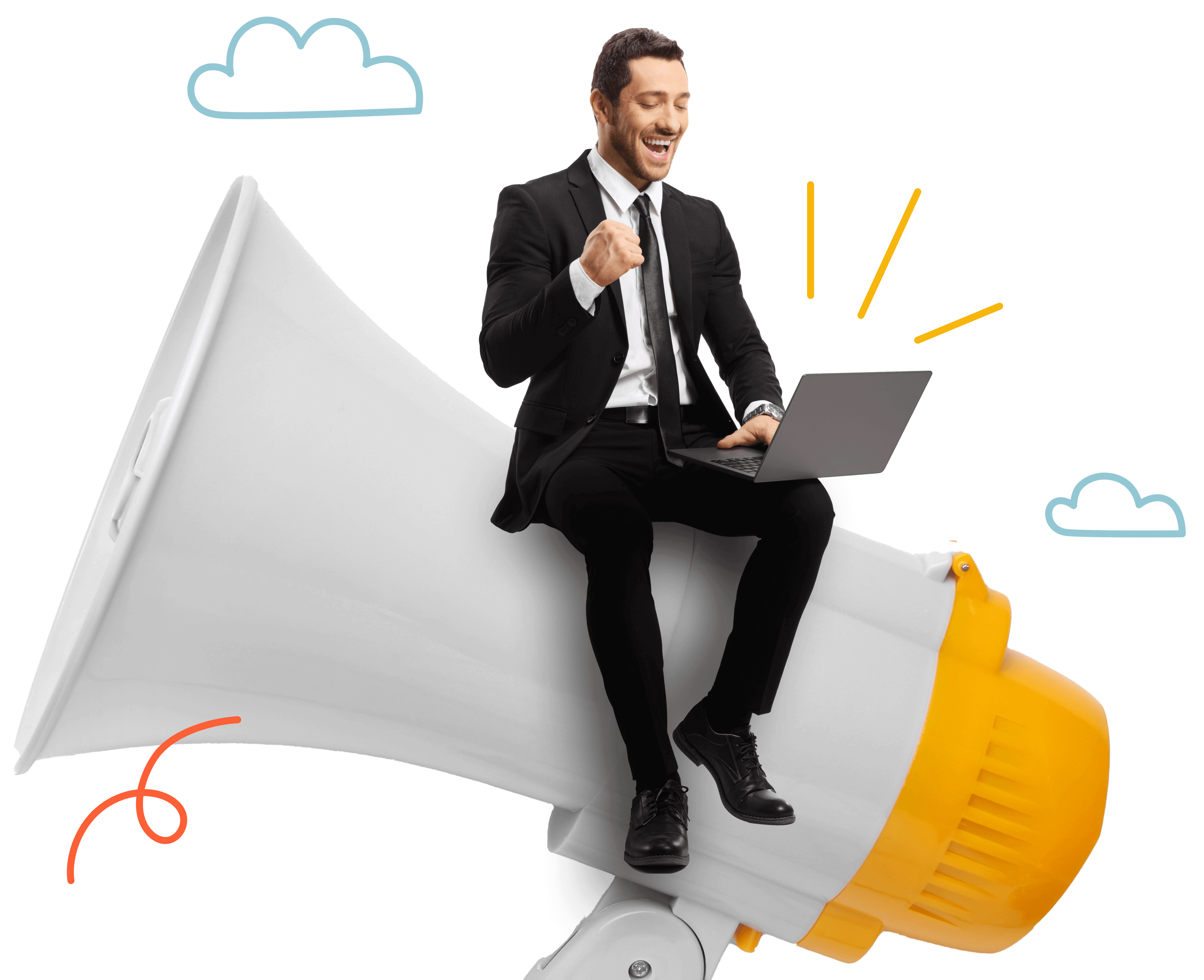 A lawyer sitting at a megaphone