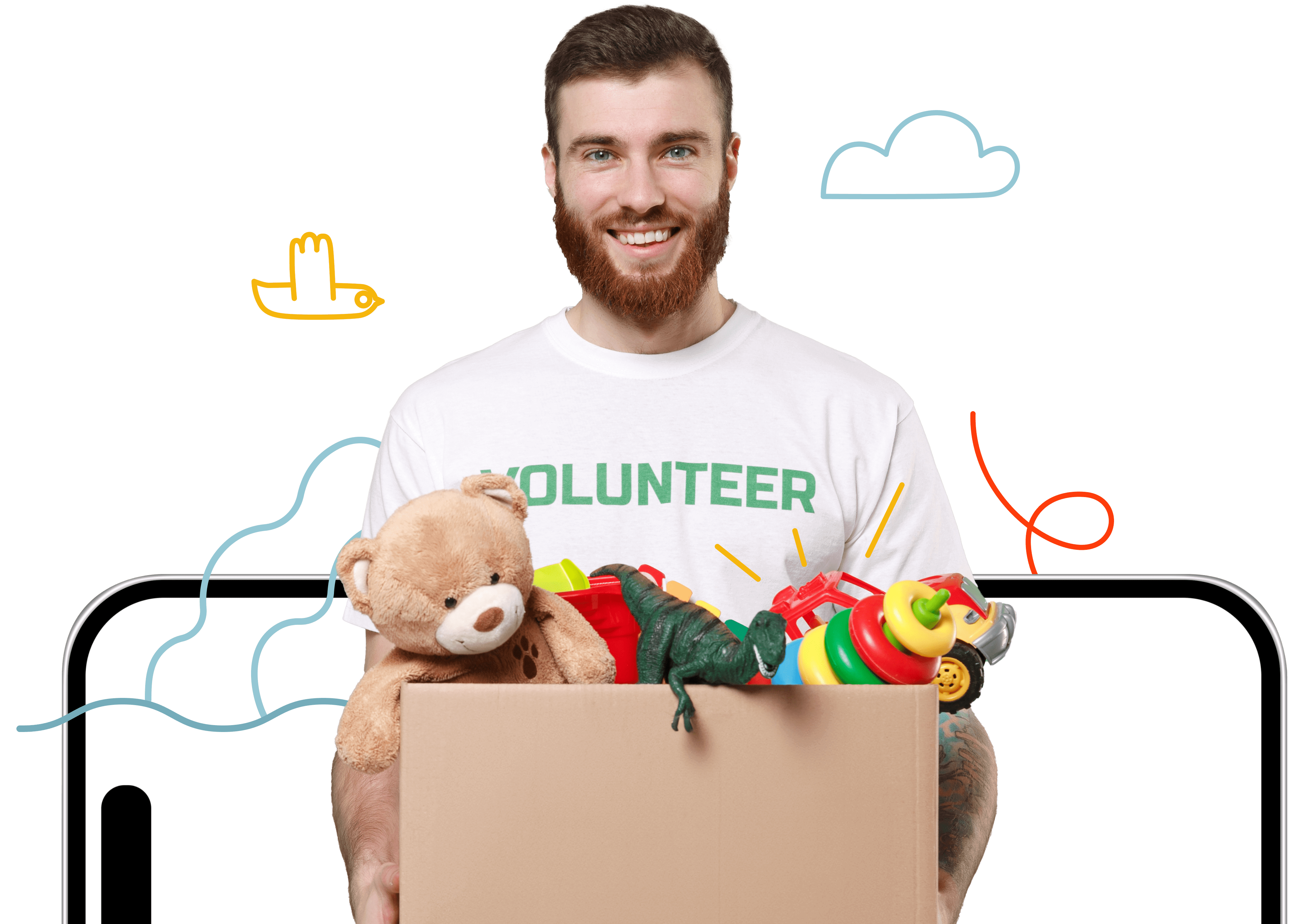 A man holding a lot of stuff toy