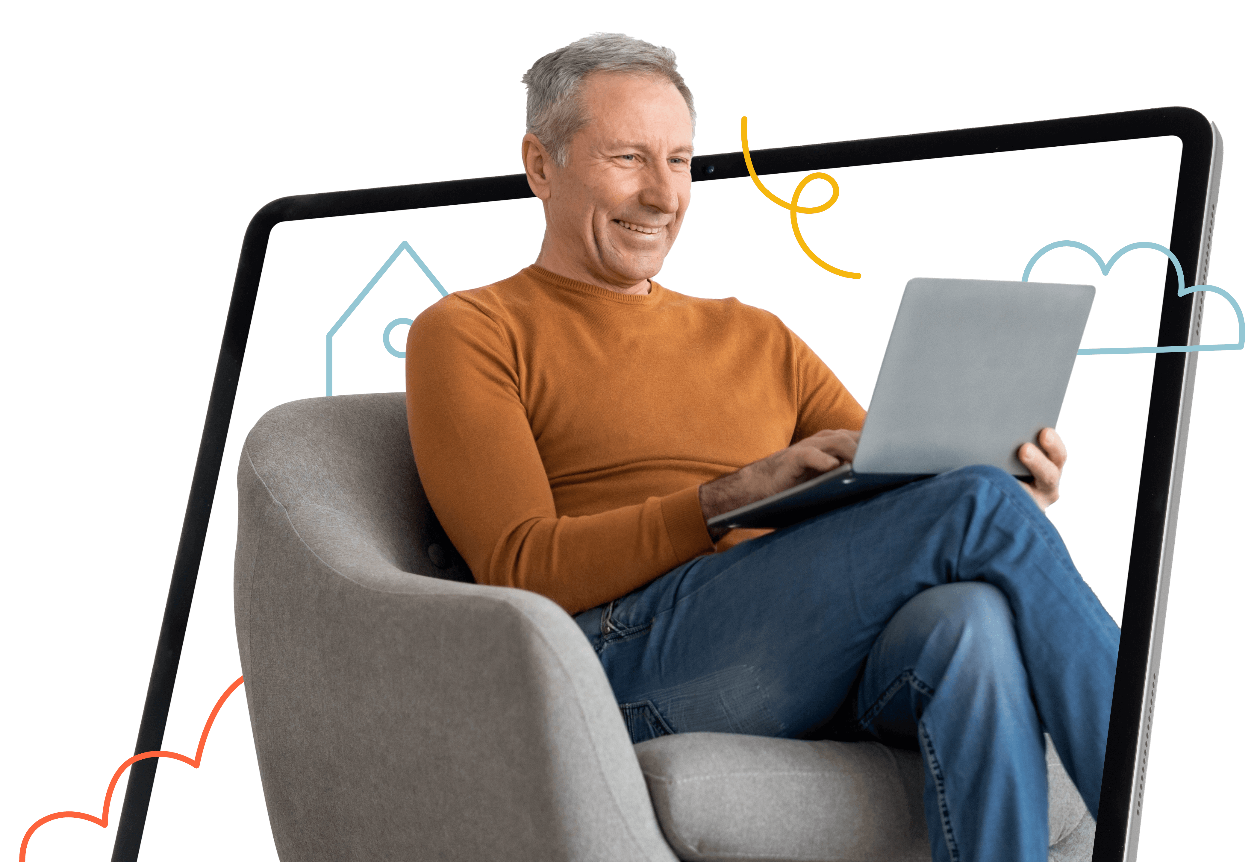 A old man smiling while using a laptop