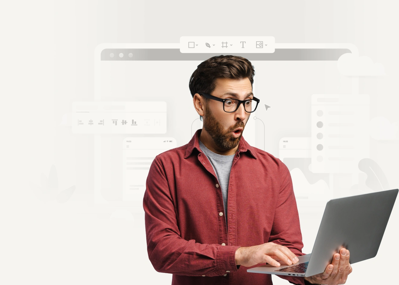 A surprised man in glasses and a red shirt looks at his laptop with an expressive reaction