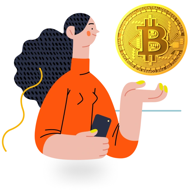 A woman holding a bitcoin