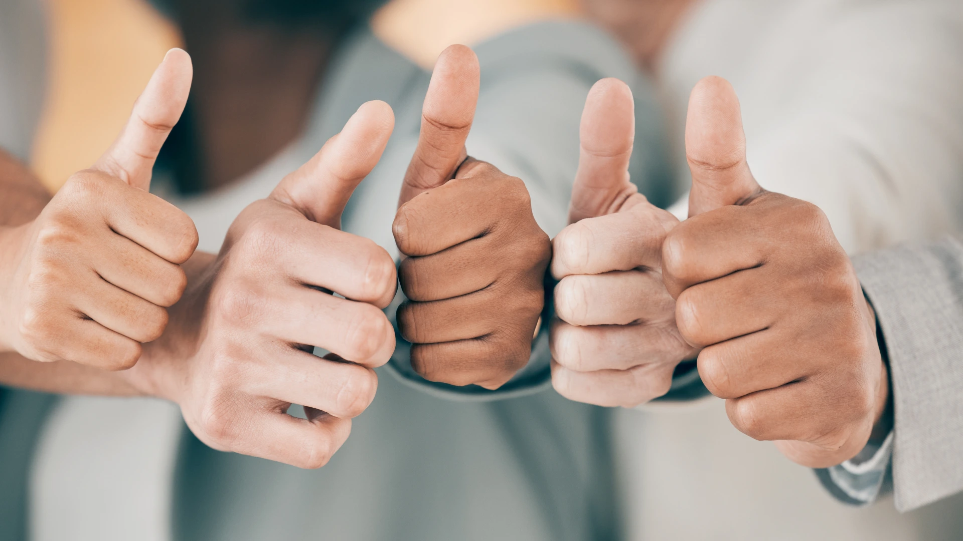 Business people, hands and thumbs up for success