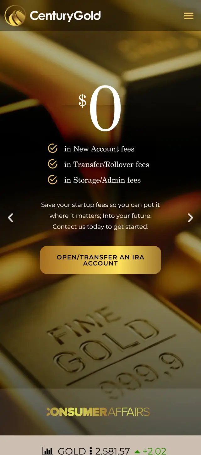 Century Gold homepage mobile