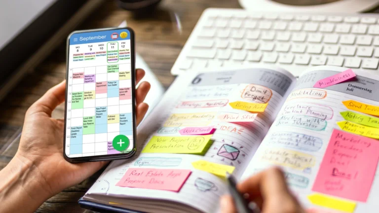 Close-up of businesswoman writing schedule in calendar diary on desk