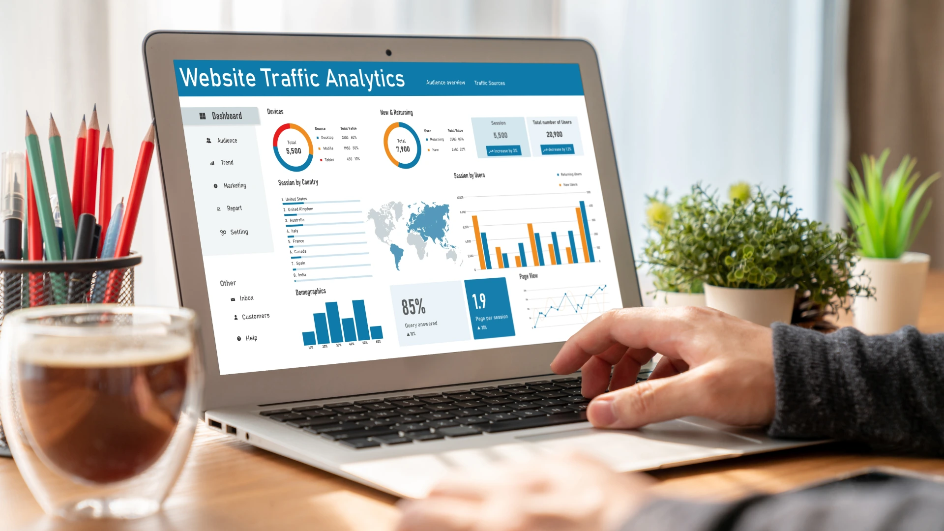 Computer software for website traffic analytics data on computer screen.