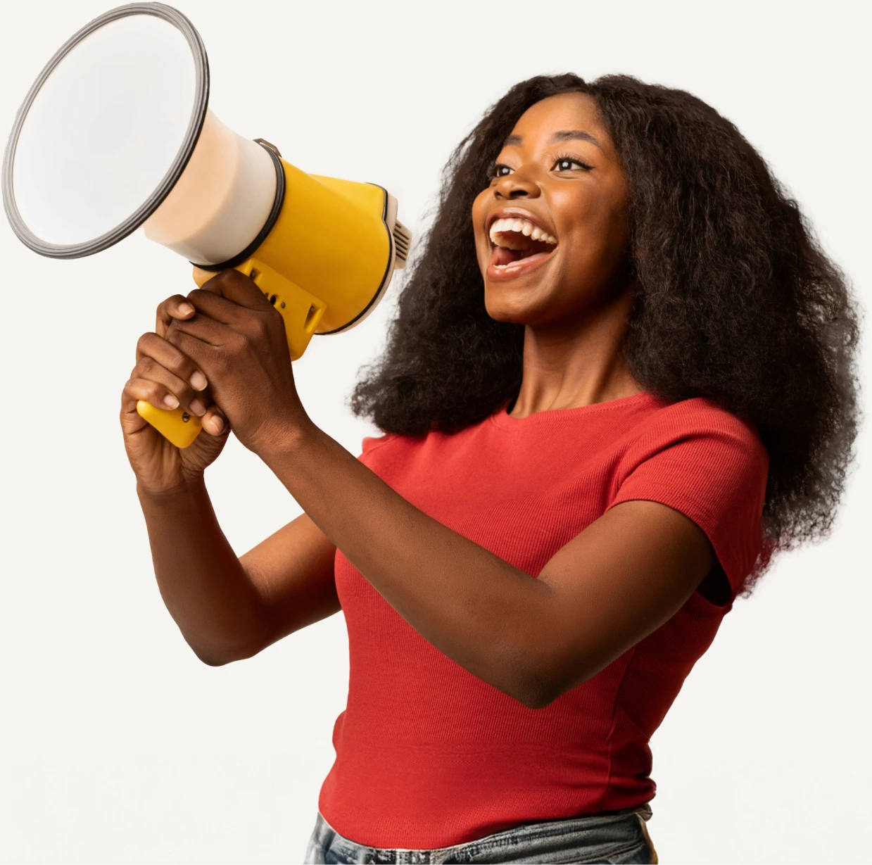 Confident woman speaking through a megaphone