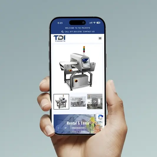 Hand holding a smartphone displaying an TDI Packys website