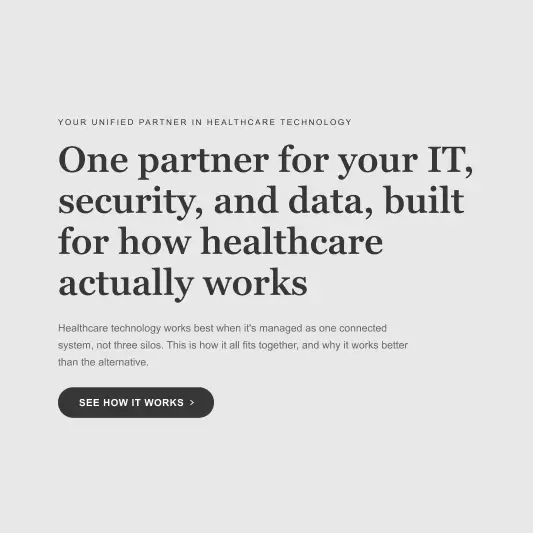 Healthcare technology website headline about IT, security, and data
