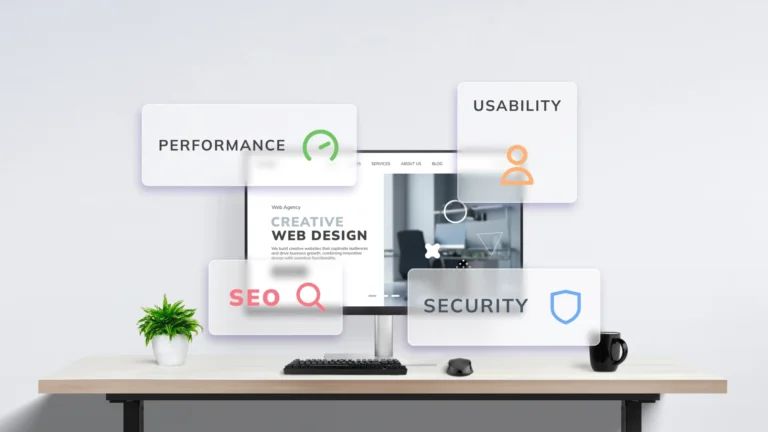 Highlight web page performance, usability, SEO, and security. Web design principles visualized