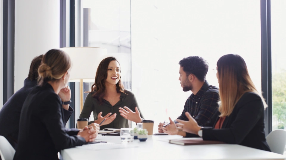 Meeting, communication and business people in office