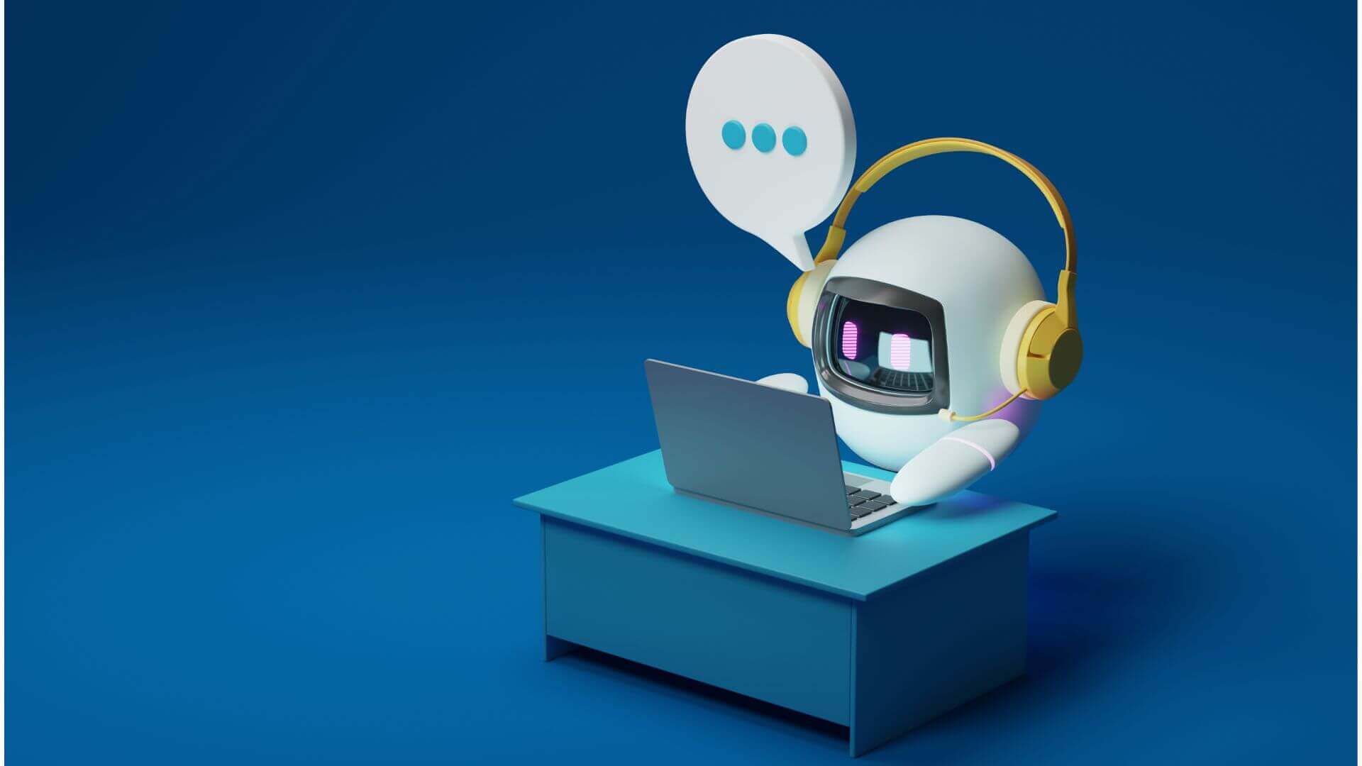 Robot with bright yellow headphones and laptop on blue background