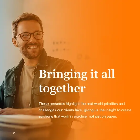 Smiling professional featured beside a message about practical solutions
