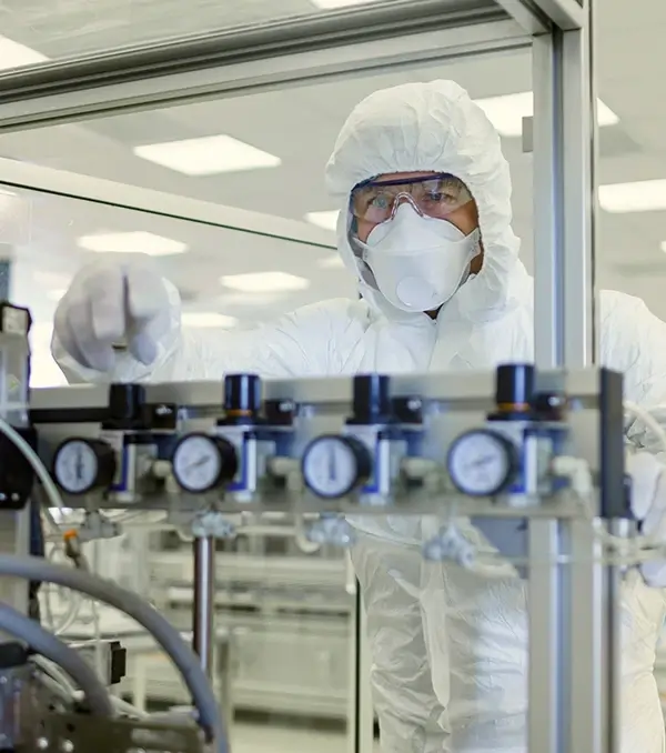Technician in protective clothing inspecting industrial equipment