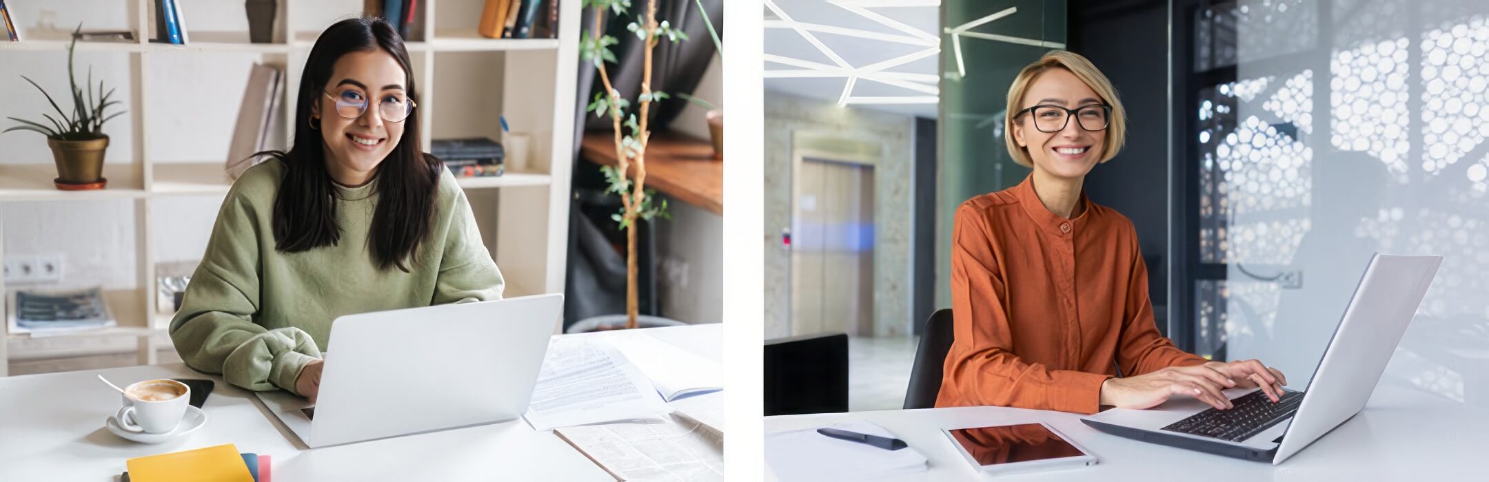 two smiling women at their computers