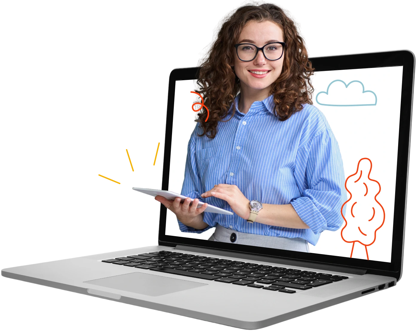 Woman in a blue shirt holding a tablet, emerging from a laptop screen with cartoon background