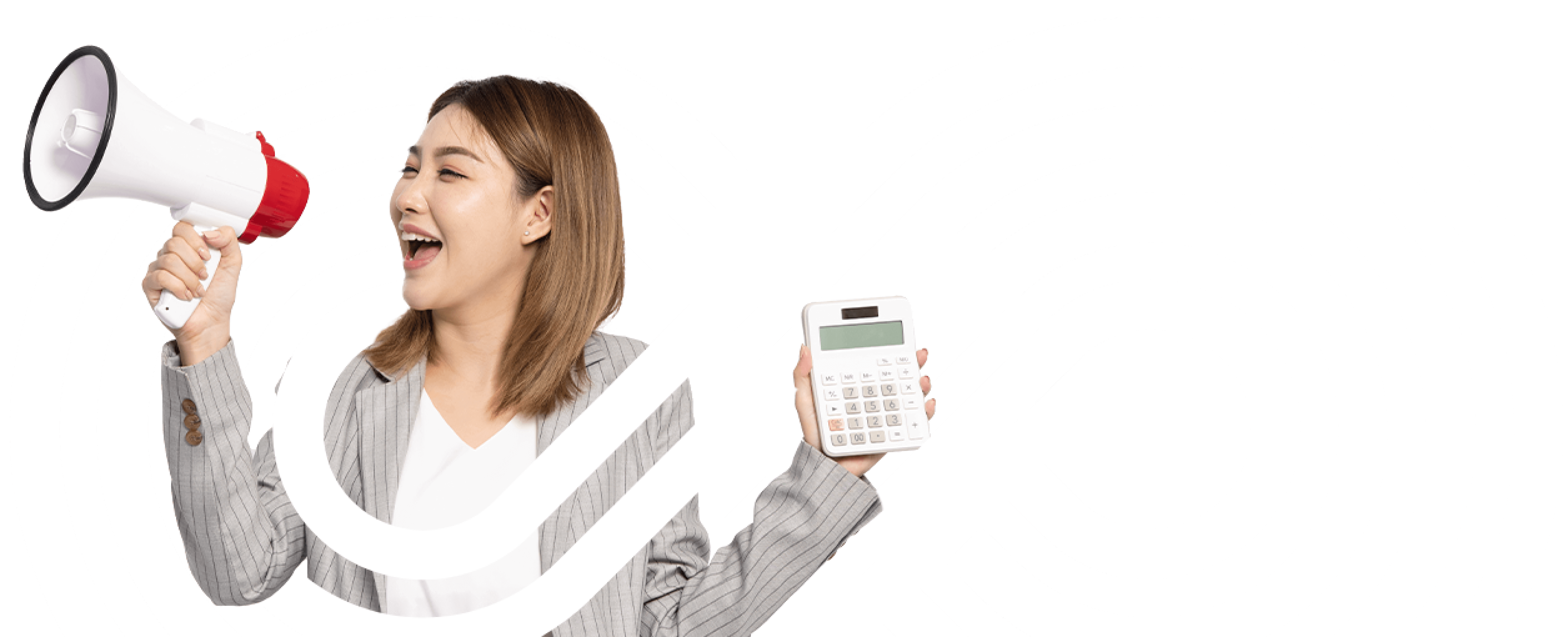 Woman shouting using megaphone while holding a calculator