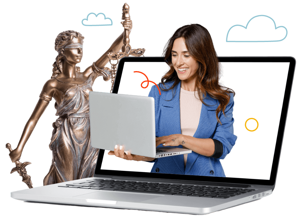 Women using laptop with statue at her side