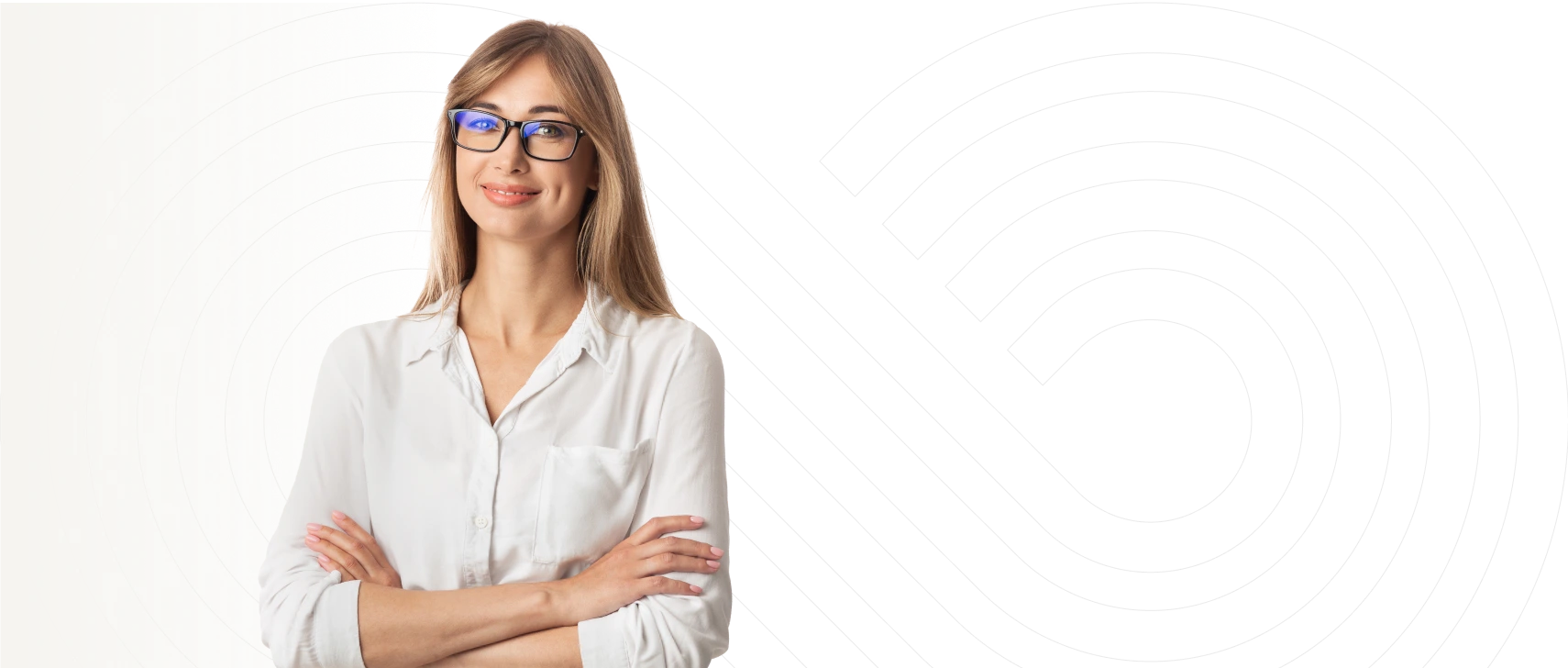 a happy women wearing white sleeve with connective logo bg