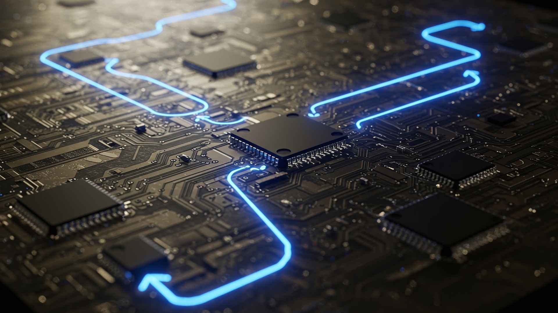 advanced cpu with glowing data pathways and microchips