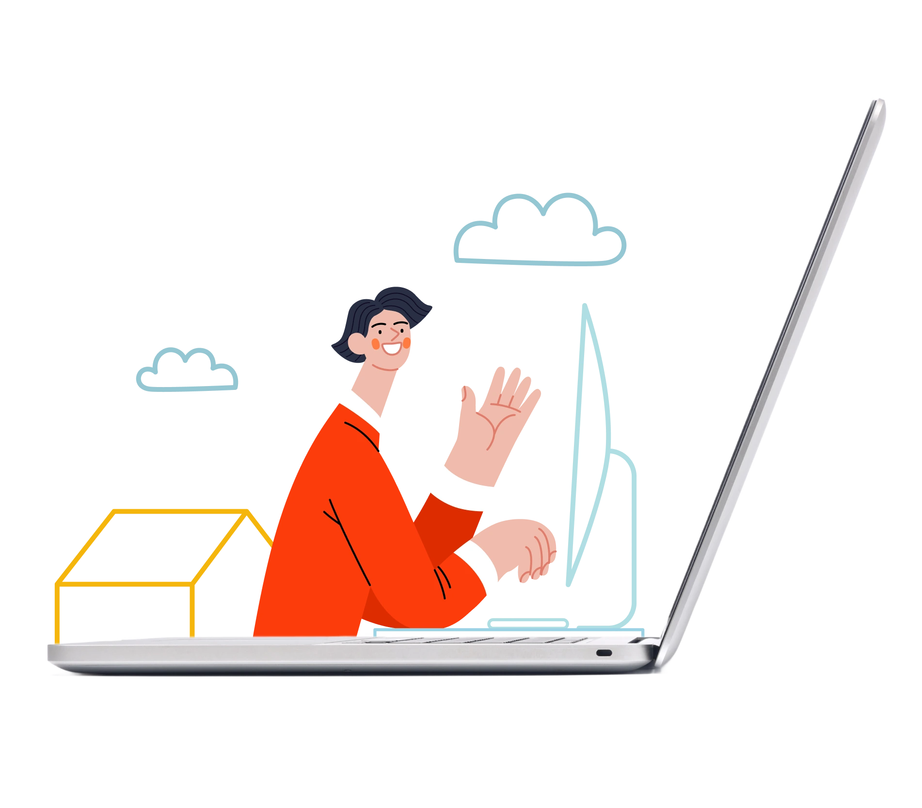 animated graphic of a guy using his mac pc on top of a big laptop