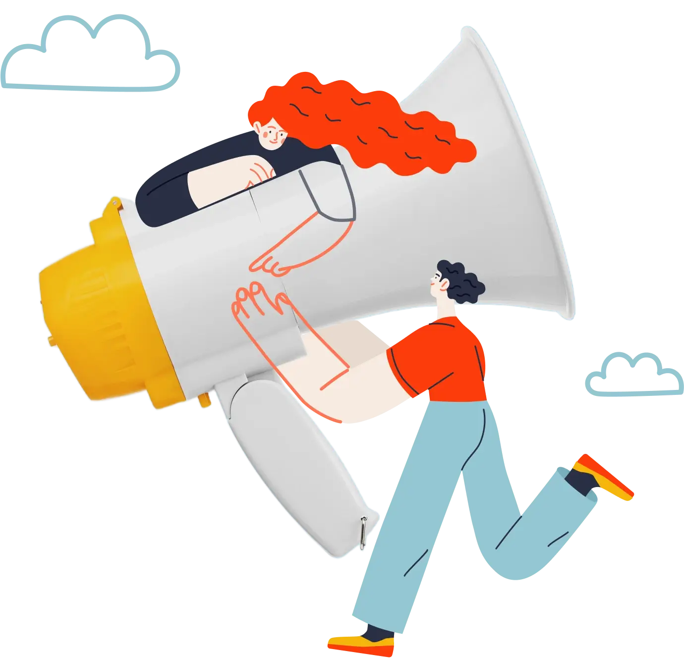 animated graphic of two people holding a huge megaphone