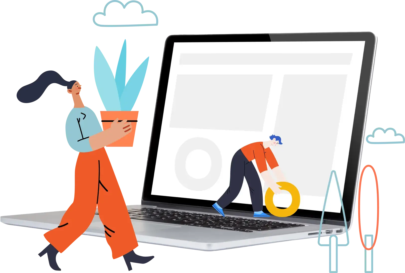 animated graphic of two persons working together above a laptop