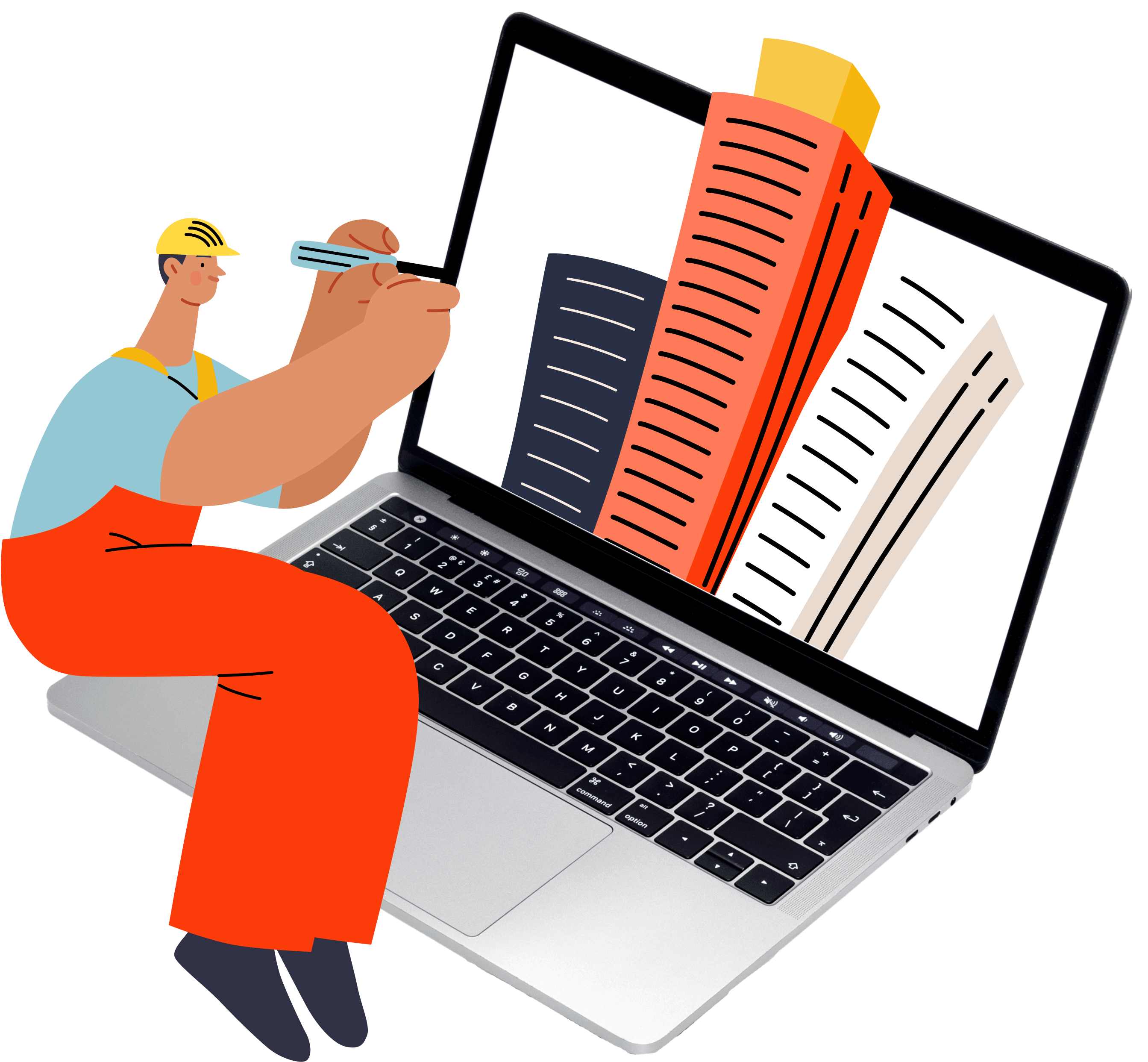 animated image of a contractor fixing a building inside a laptop