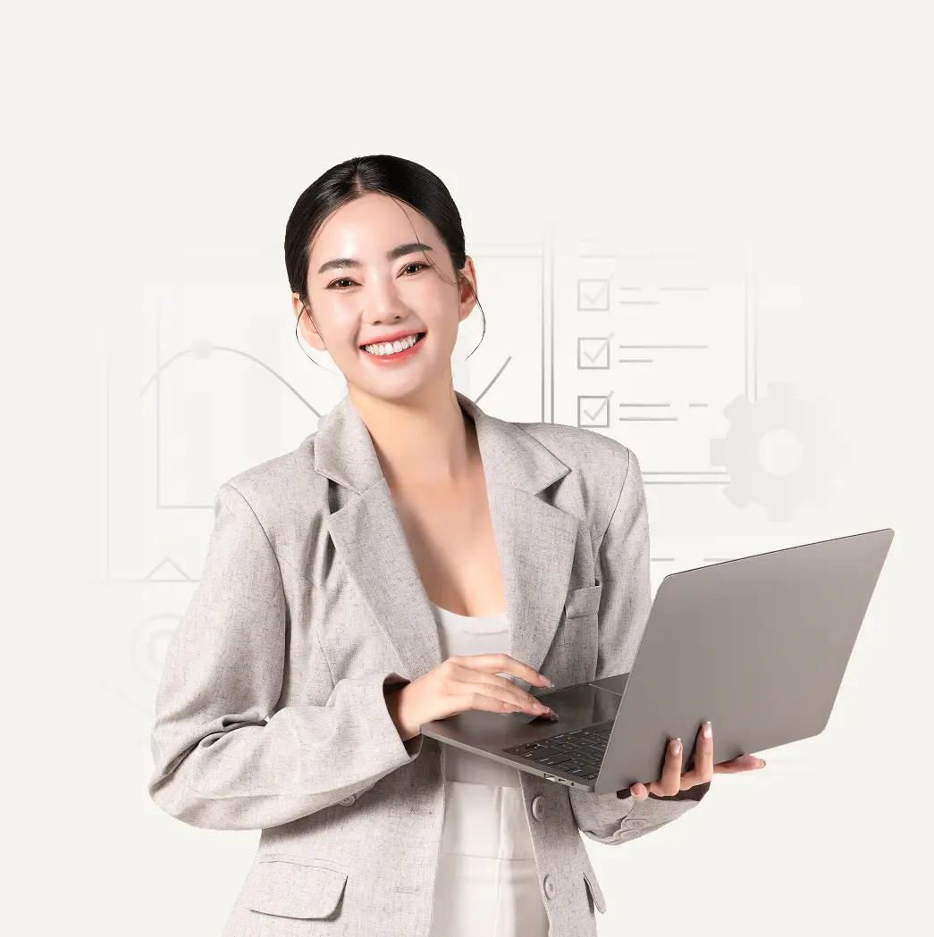 asian woman holding her laptop