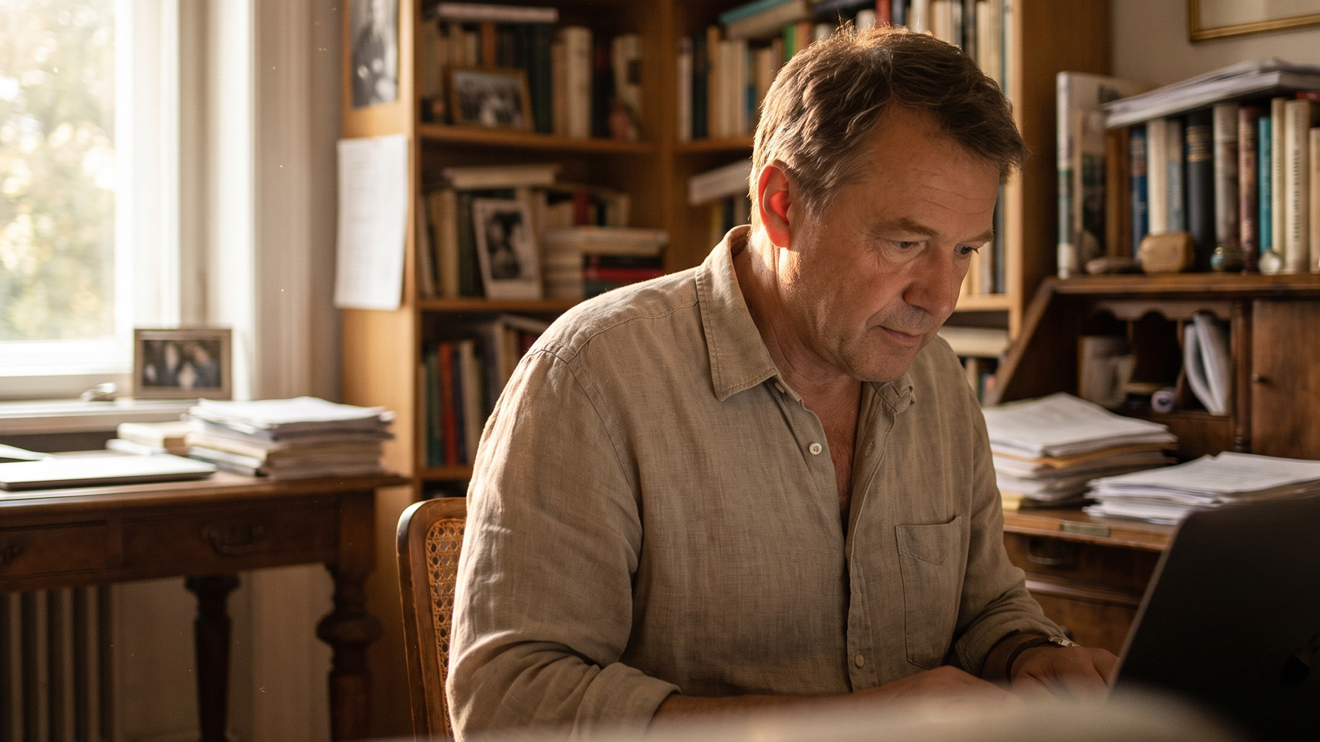 A mid-market business owner working at a laptop in a warm, book-lined home office