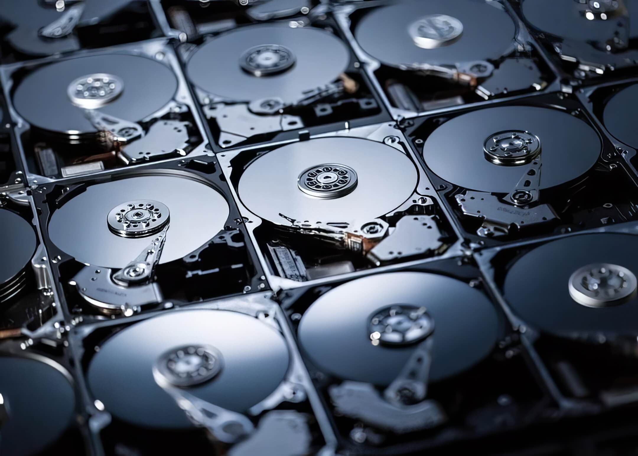 closeup picture of several black hard drives