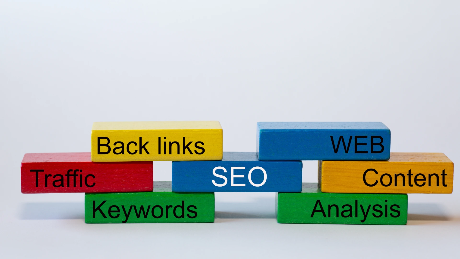 colorful blocks with the words_ SEO, WEB. Content, Analyses, Keywords, Traffic, Back links, are isolated against a white background with space for text