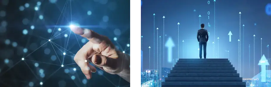 Finger pointing at a digital network and a person standing at the top of stairs with digital arrows pointing upwards