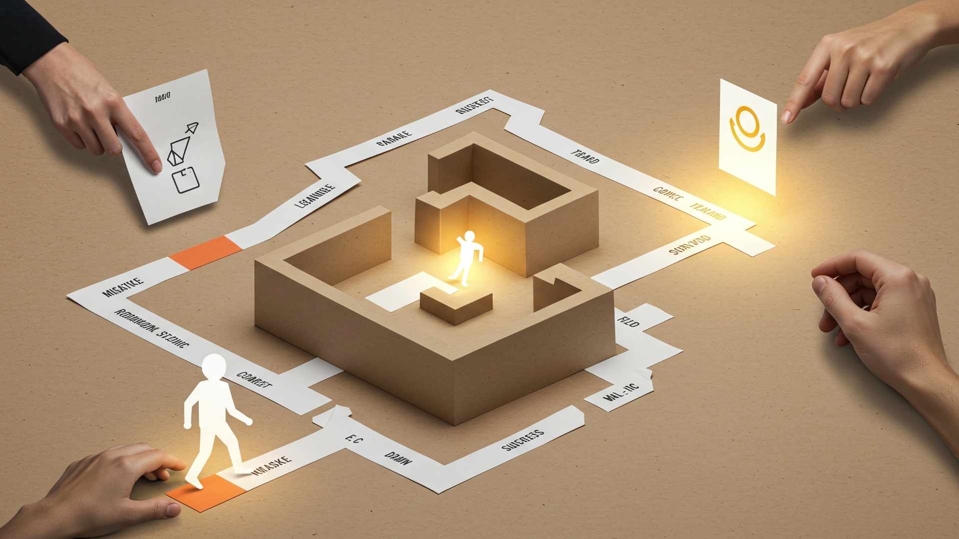 four people doing strategy planning with a cardboard