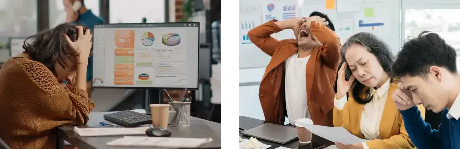 Woman frustrated at her desk with analytics on a computer screen and a team of people looking stressed during a meeting