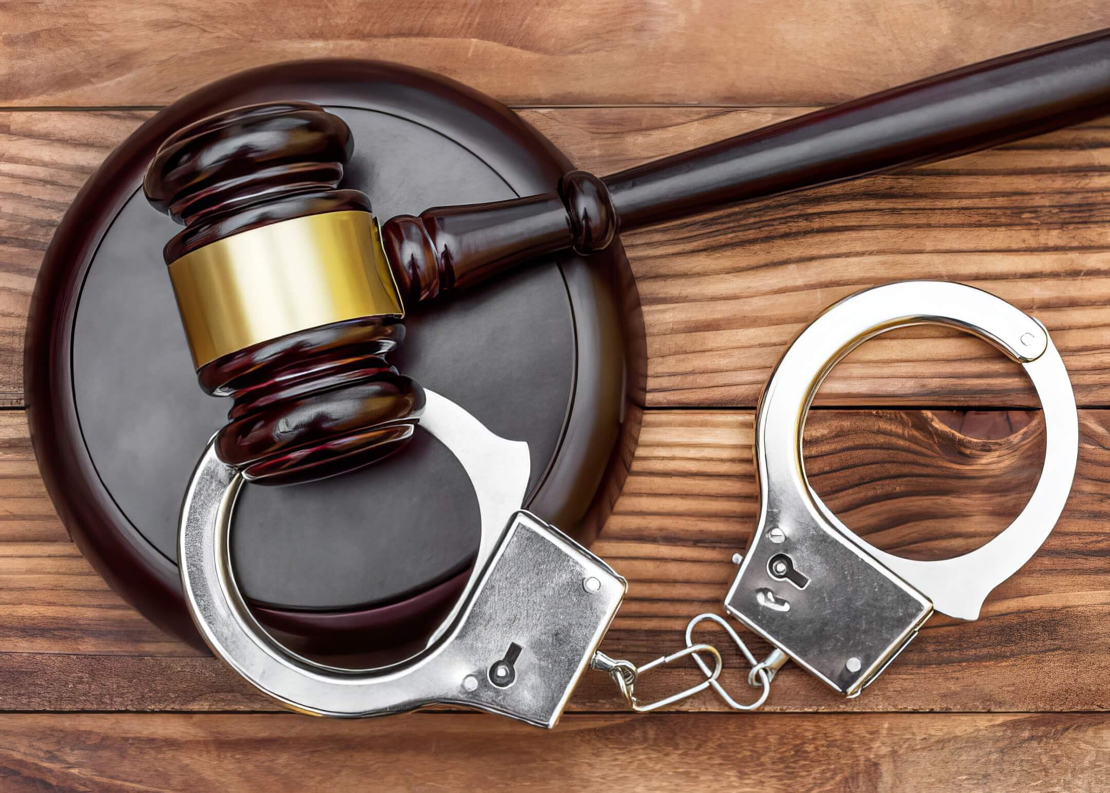 gavel with stand and handcuffs on wooden background