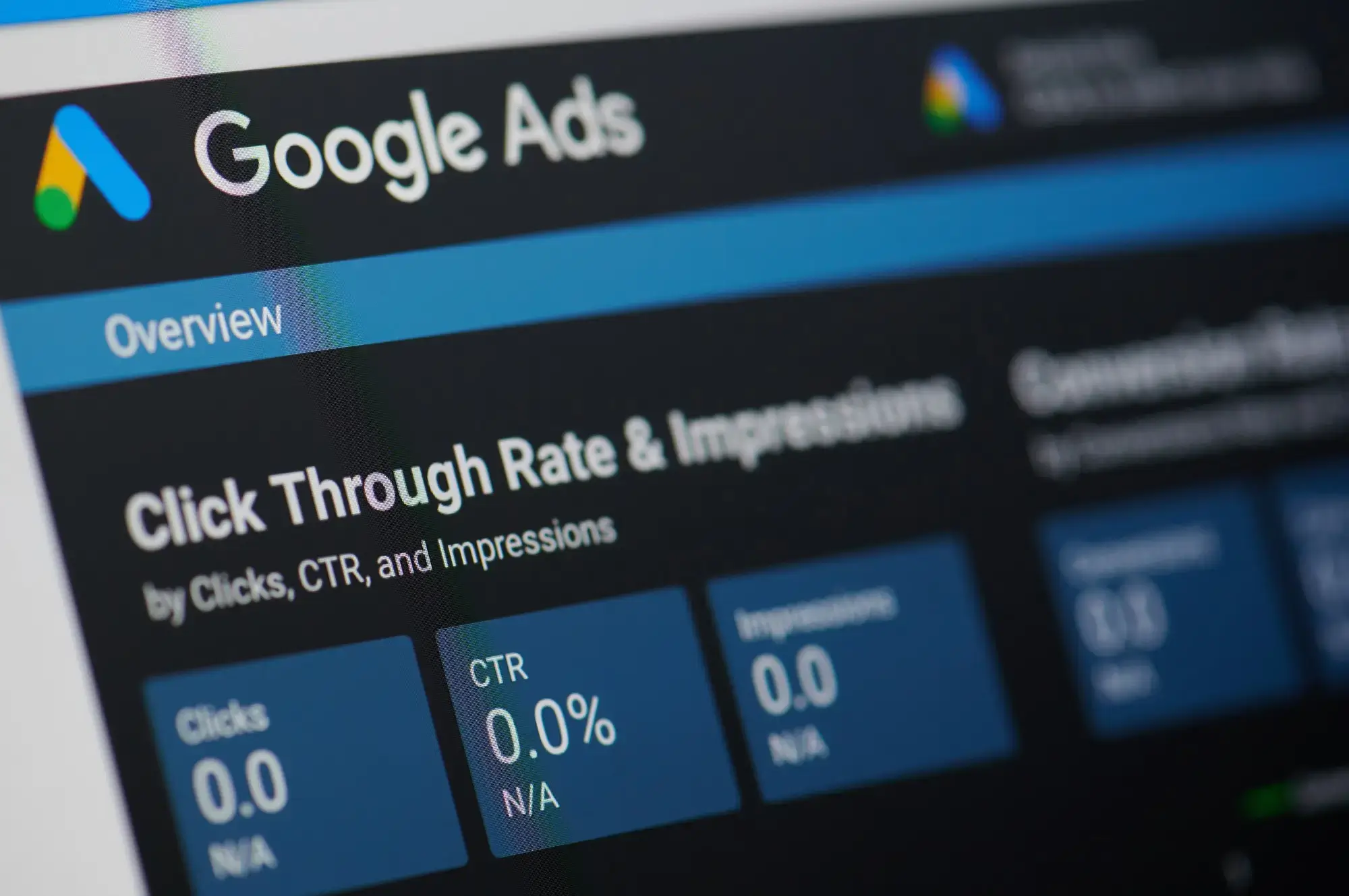 Close-up of a Google Ads dashboard showing Click Through Rate and impressions