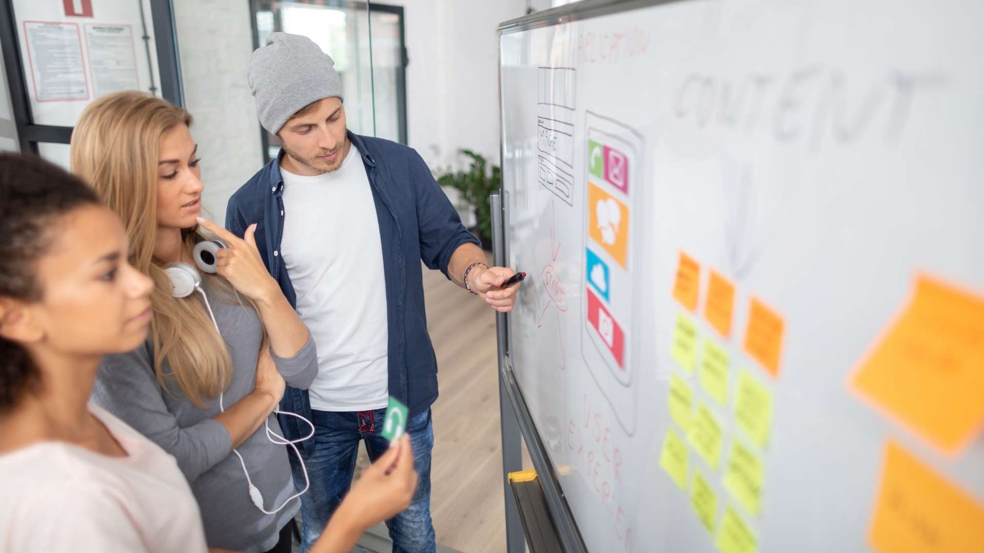 group of people planning in front of a white board