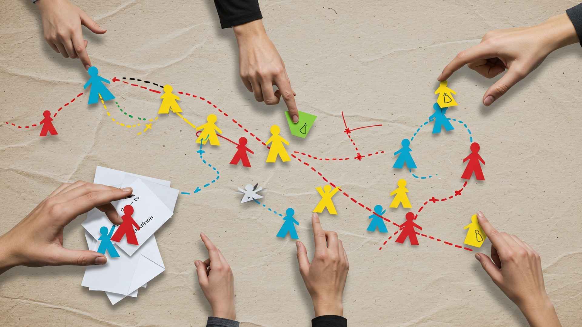 hand arranging colored paper cutouts of people connected by lines