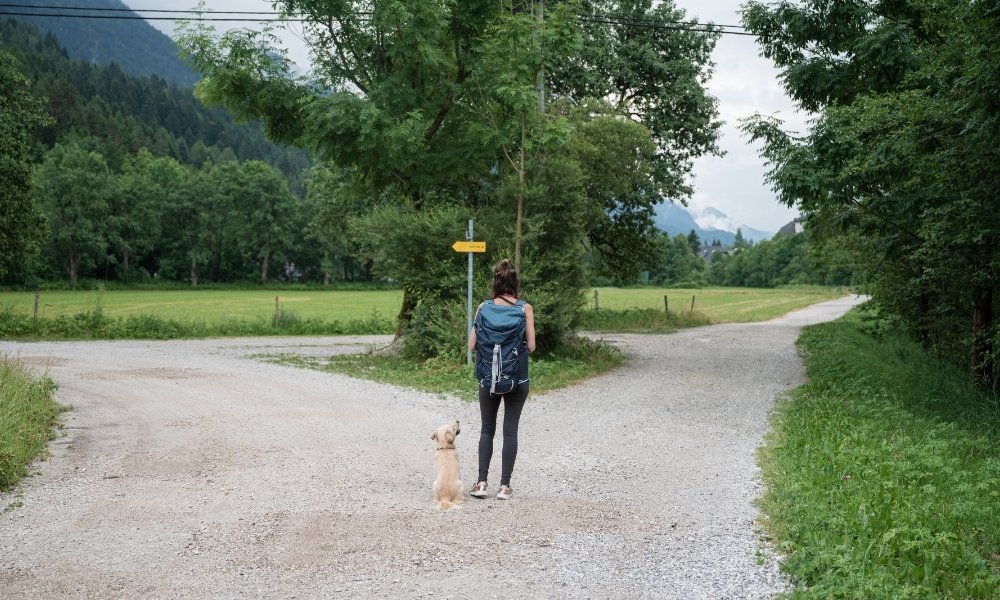 hiker at crossroads with her dog