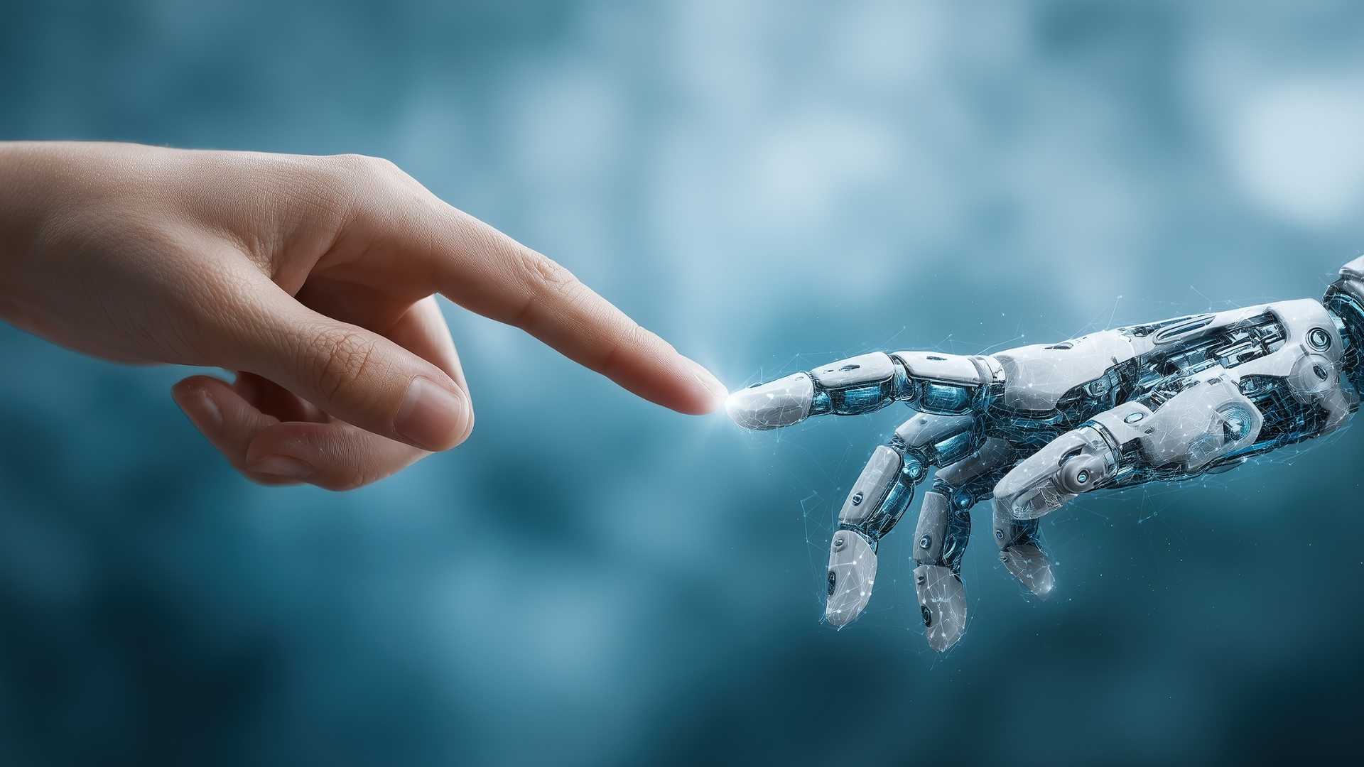 human hand reaches out to connect with a robotic hand