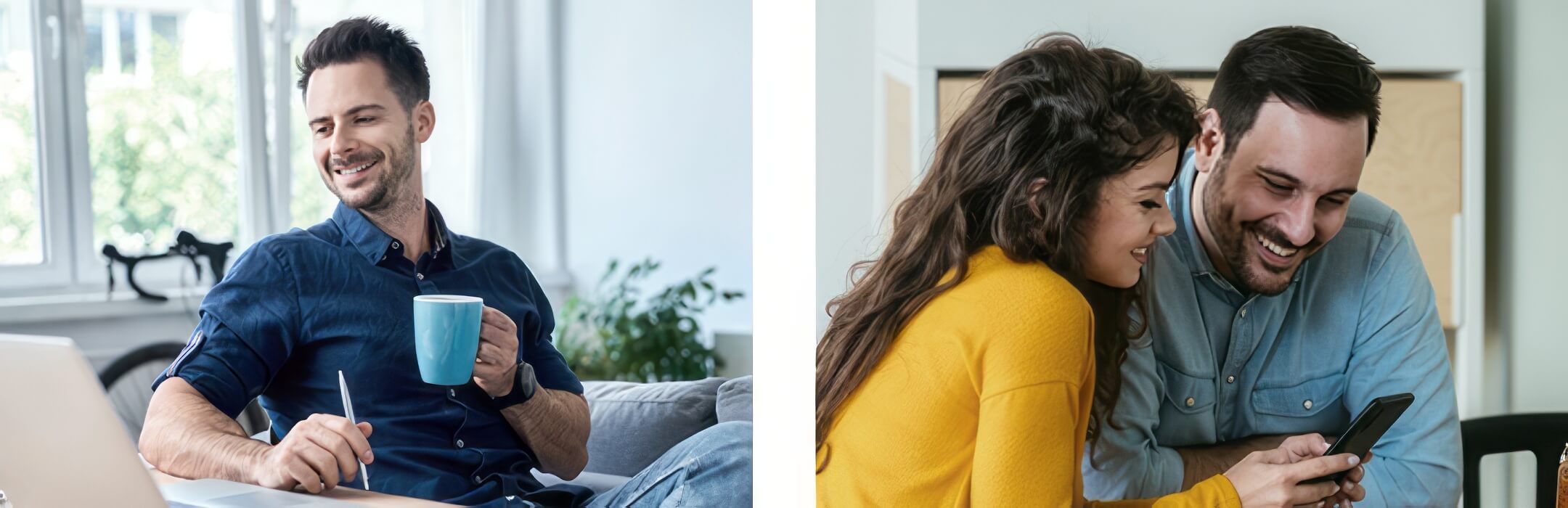 man holding cup and couple using smartphone