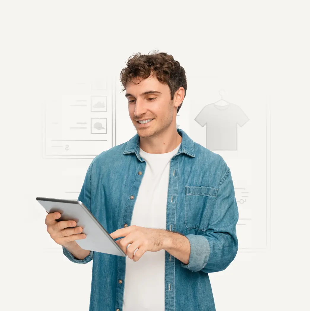 man scrolling through his tablet