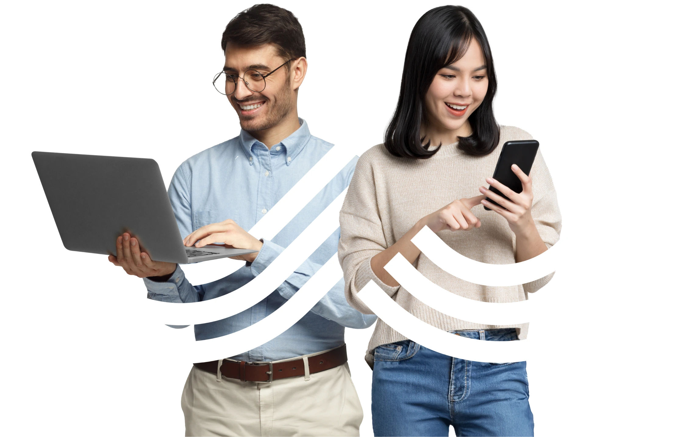 Man with laptop and woman with phone with connective logo bg