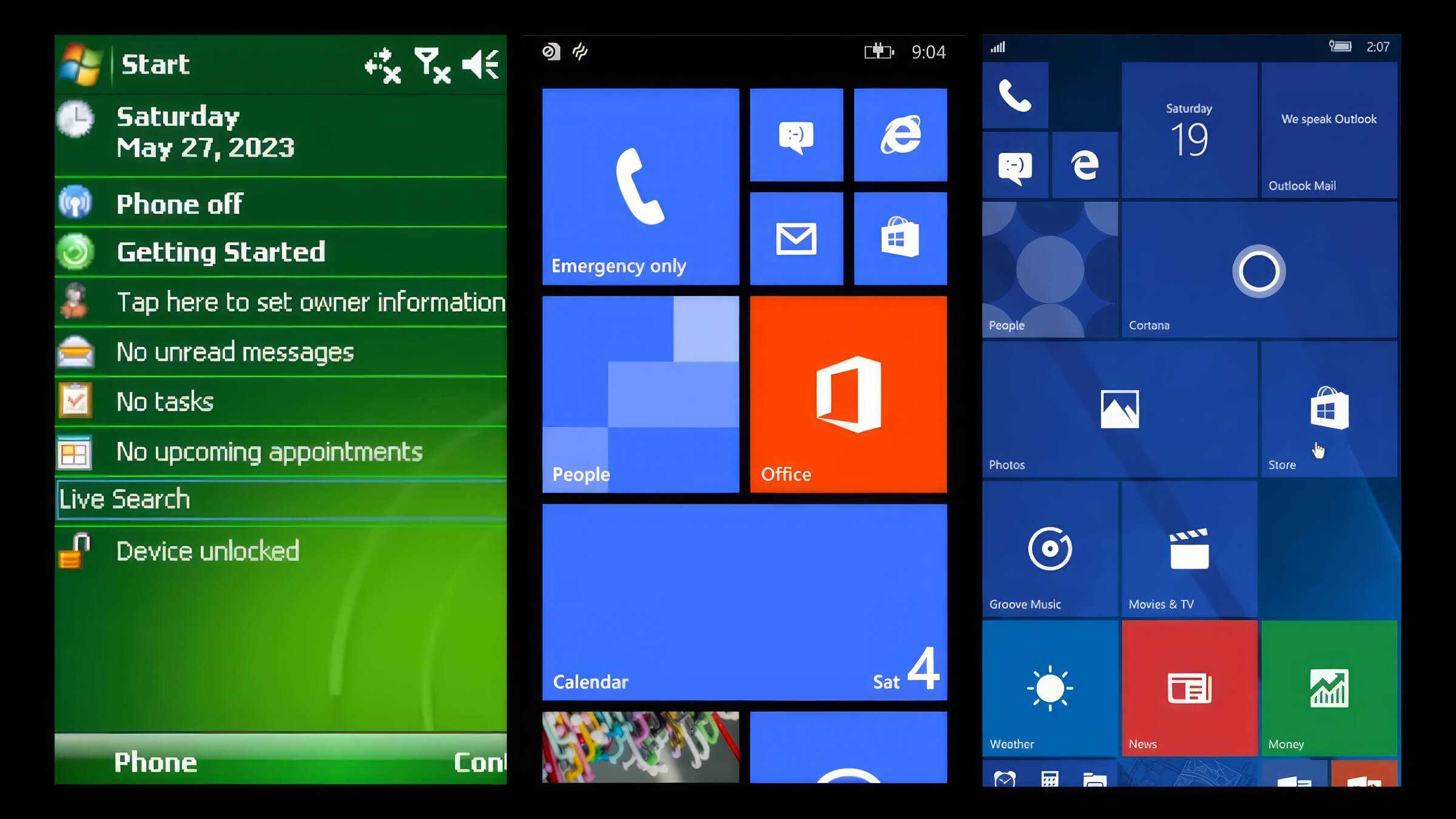 Comparison of Windows Mobile 6 (2010), Windows Phone 7-8 (2010), and Windows 10 Mobile (2015) Design Language