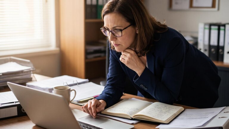 An operations director at her desk, looking closely at a laptop while evaluating a supplier's website