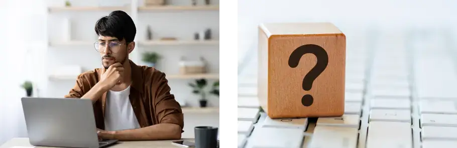 Person thinking while working on a laptop with a wooden block featuring a question mark on a keyboard