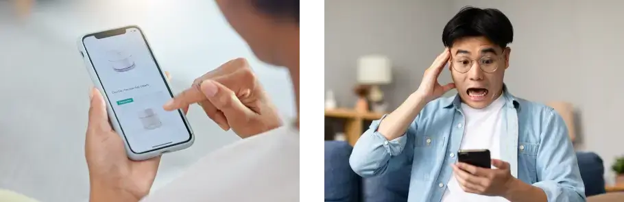 Person using a mobile app on a smartphone and a man looking surprised while checking his phone