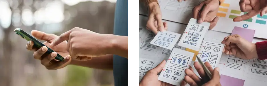 Person using a smartphone outdoors and people collaborating on wireframe designs