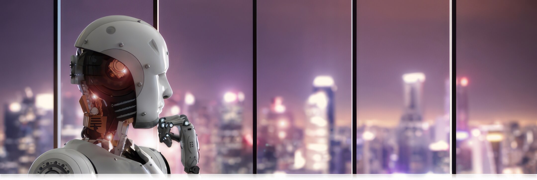 robot looking out onto cityscape