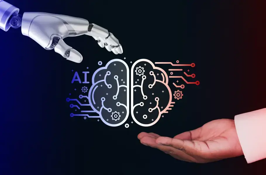 Robotic hand and human hand reaching towards an AI brain illustration